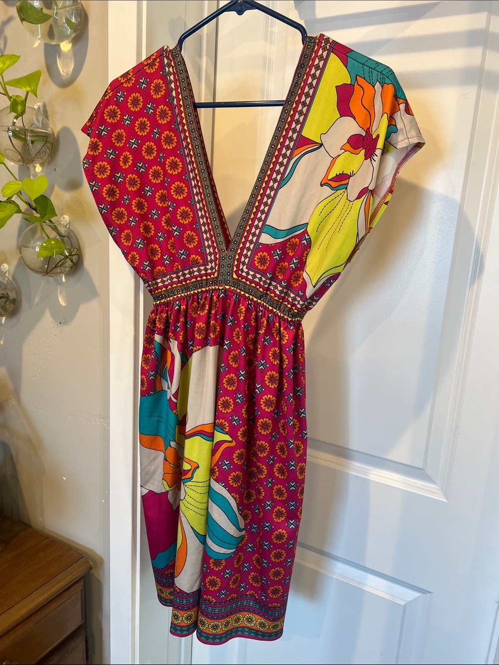 Flying Tomato Multicolor Printed Dress with Fuchsia Trim